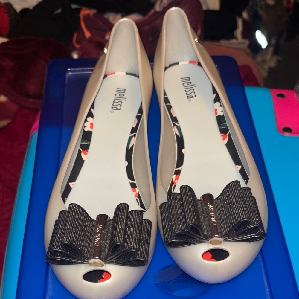Melissa Nude Ballet Flats with Black Ribbon Bow